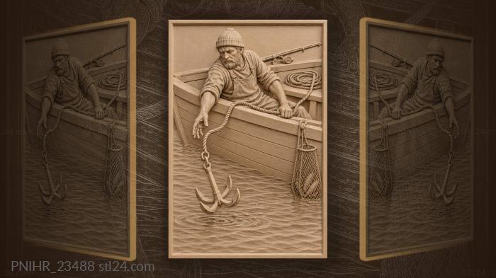 Fisherman releasing anchor from small boat 3d STL model