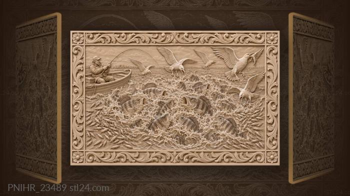 Perch frenzy with gulls fisherman 3d STL model
