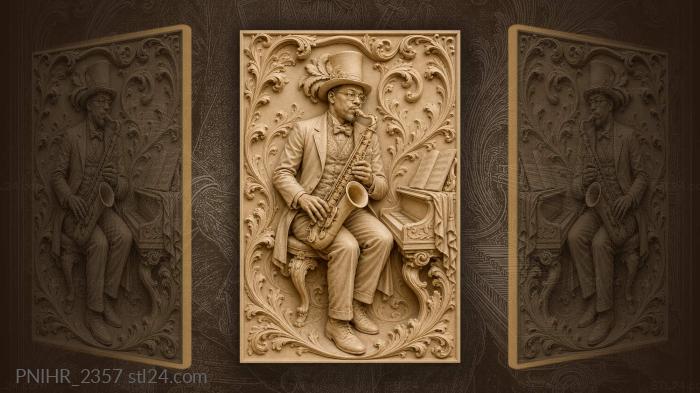 Saxophone man in feathered hat by piano 3d STL model