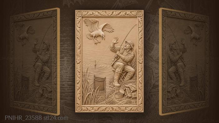 Gull diving at the float and angler waving 3d STL model