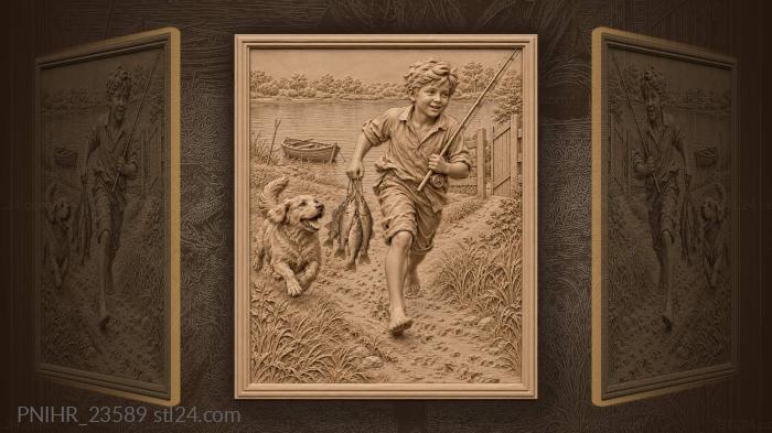 Boy running home with a string of perch 3d STL model