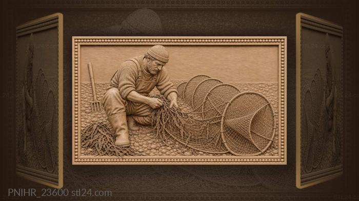 Fisherman cleaning fyke net riverbank 3d STL model