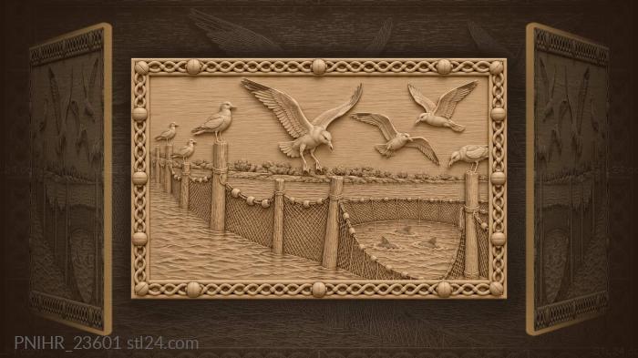 Seagulls over fishing net water 3d STL model