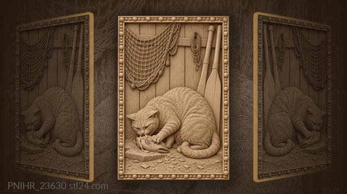 Cat with fish by shed 3d STL model