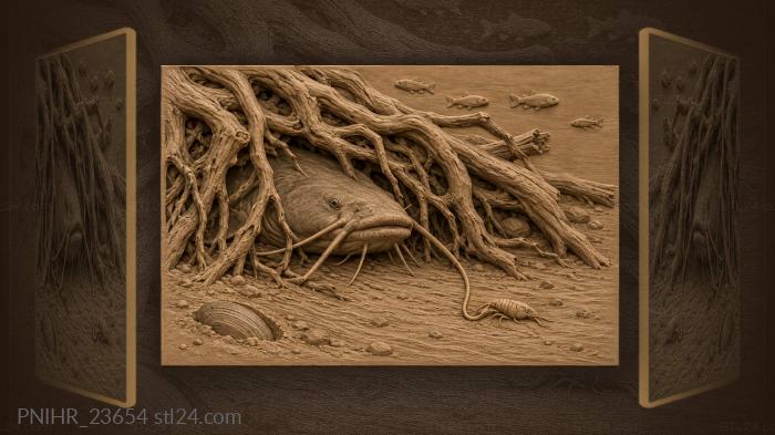 Catfish beneath tangled roots waiting 3d STL model