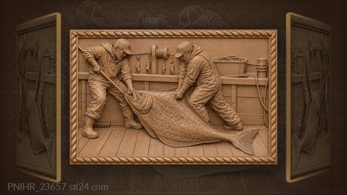 Halibut catch strong fishermen hauling aboard 3d STL model