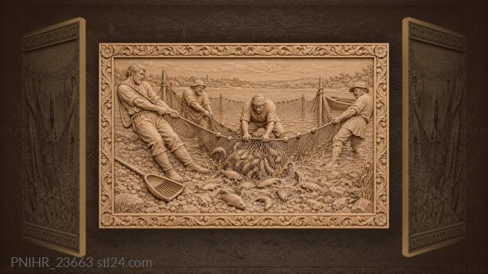 Ashore fishermen haul a netful of fish 3d STL model