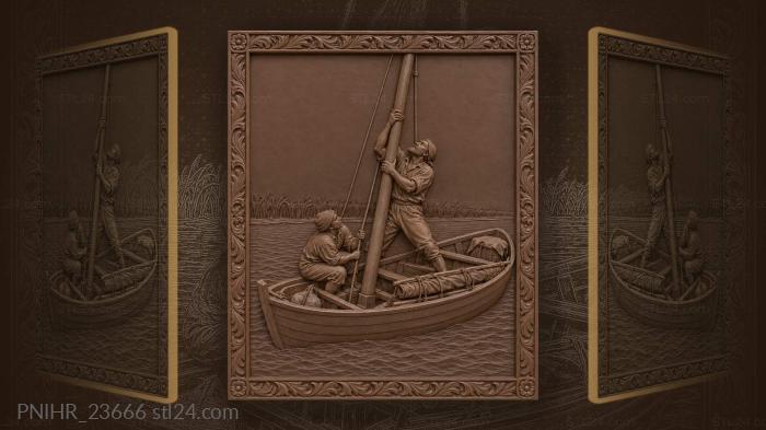 Fisherman raising sail small boat 3d STL model