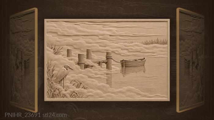 River sunrise with misty boat 3d STL model