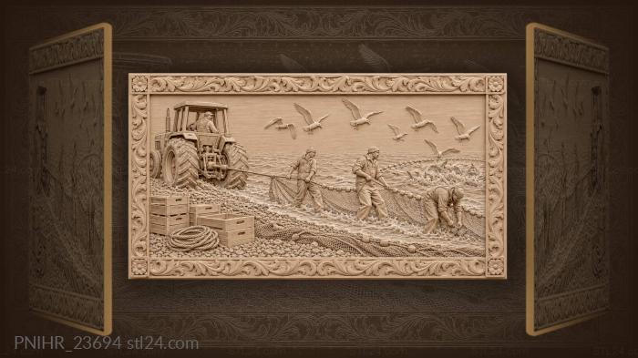Coastal haul seine fishing scene 3d STL model