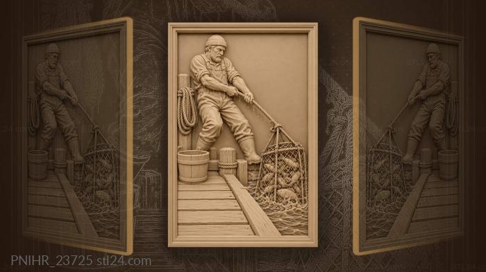 Fisherman lifting ancient fish cage 3d STL model