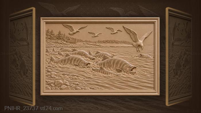 Salmon run with circling gulls 3d STL model