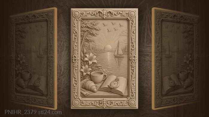 Lakeside sunrise with coffee and sail 3d STL model