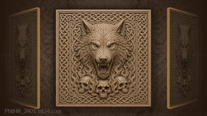 Skulls burning beneath the wolf head 3d STL model