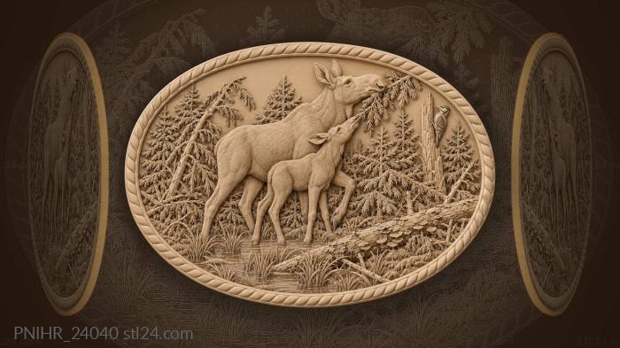 Mother moose leads her calf to browse 3d STL model
