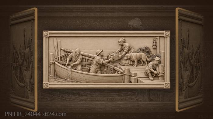 Coastal scene with fishermen and boat 3d STL model