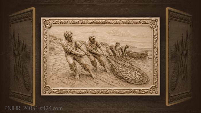 Fishermen hauling a full seine net 3d STL model