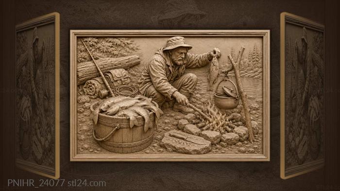 Fisherman cooks catch beside campfire 3d STL model
