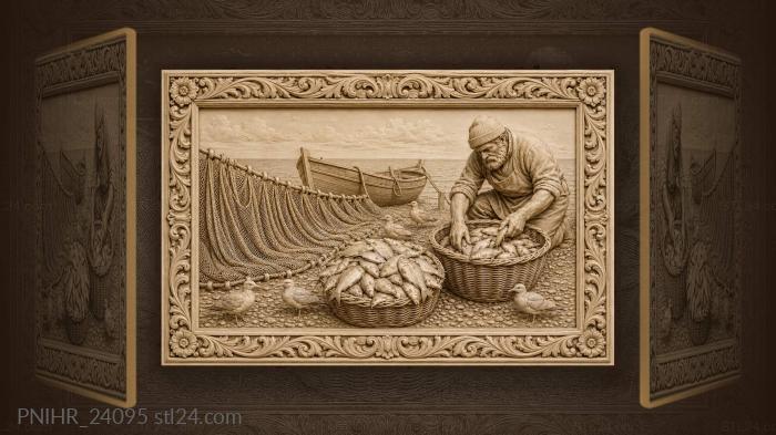 Fishing haul with brimming baskets gulls 3d STL model