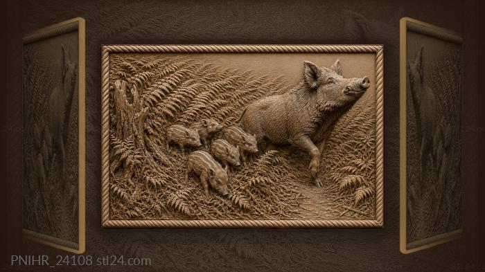 Wild boar with playful striped piglets 3d STL model
