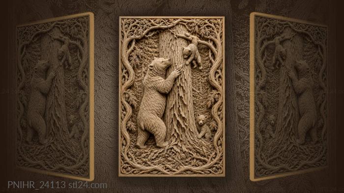 Mother bear strips bark beneath cub 3d STL model
