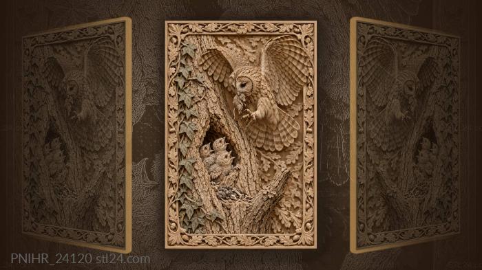 Owl bringing a vole to three chicks 3d STL model