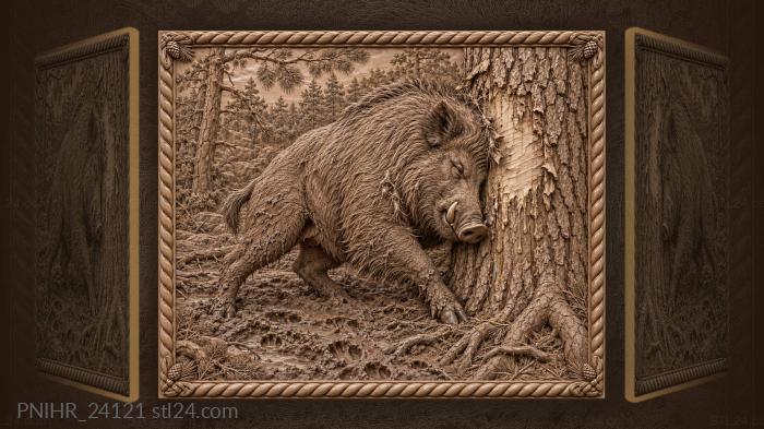 Boar strips bark from a pine 3d STL model