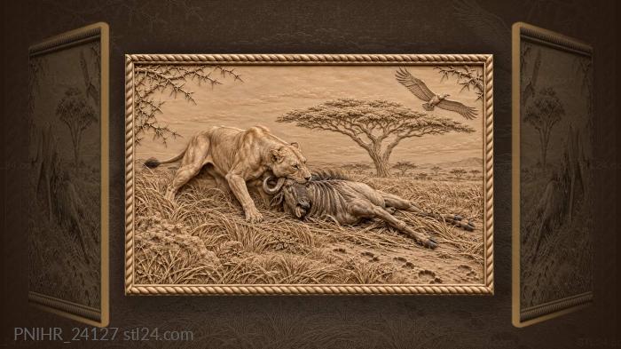 Lioness drags a gnu toward acacia 3d STL model