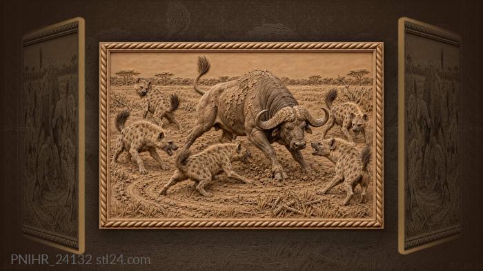 Hyena pack hunts buffalo bull 3d STL model