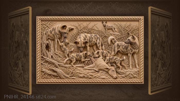 Wild dogs family feeding pups 3d STL model