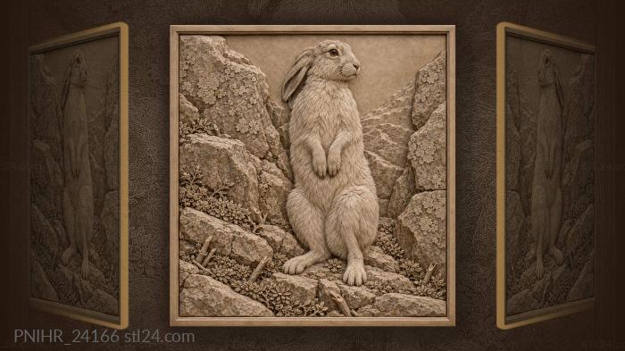 Arctic hare sits among grey boulders 3d STL model
