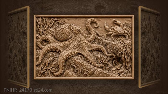Octopus raises one arm against crab 3d STL model