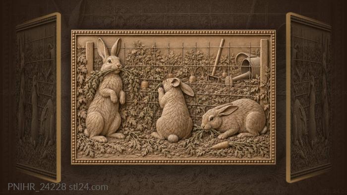 Rabbits pull carrots through wire mesh 3d STL model