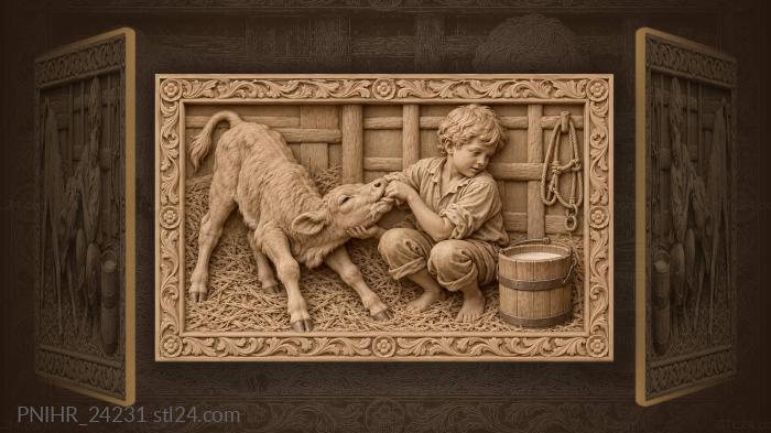 Boy calms a calf beside the milk 3d STL model
