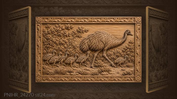 Emu family walking through scrubland 3d STL model