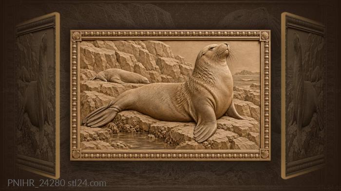 Sea lion resting on rocky coast 3d STL model