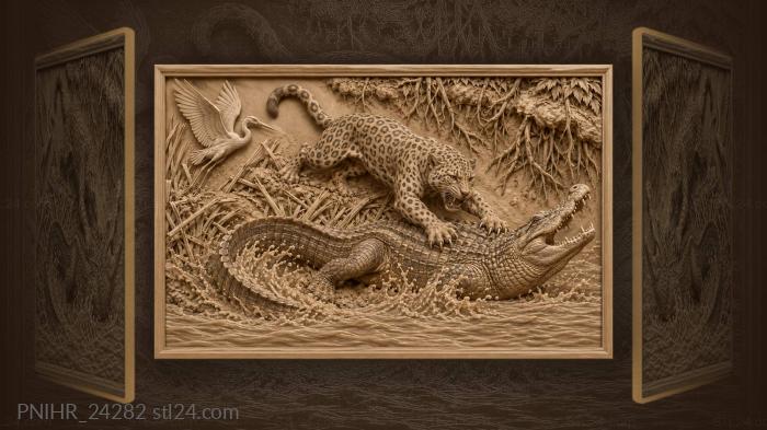 Jaguar leaps from bank onto caiman 3d STL model
