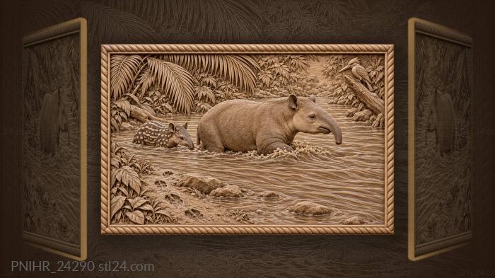 Tapir fords river with striped calf 3d STL model