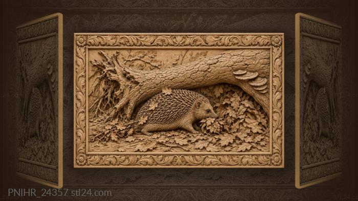 Hedgehog reverses under bough with leaves 3d STL model