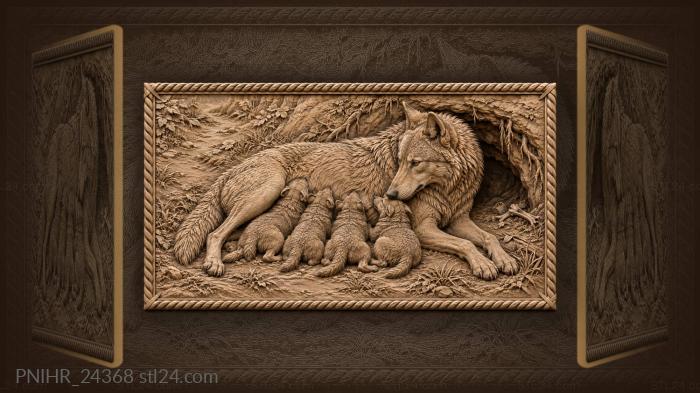 Mother wolf nurses four cubs 3d STL model