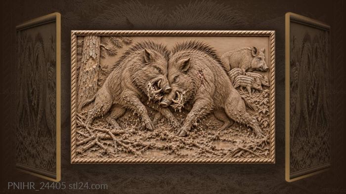 Boars gore rivals beside fleeing piglets 3d STL model