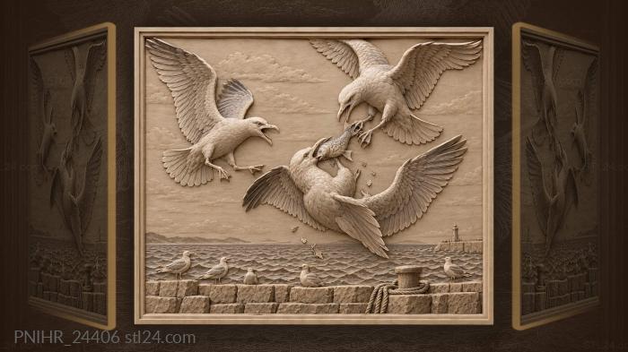 Three gulls wrestle fish in air 3d STL model