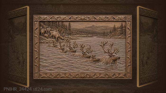Reindeer swim the river in line 3d STL model