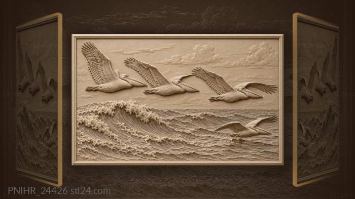 Pelicans in flight over ocean wave 3d STL model