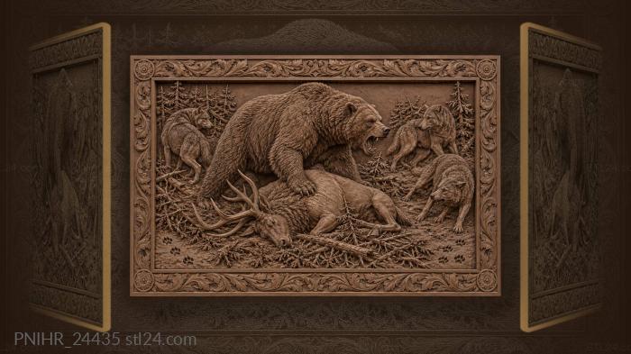 Bear defends elk from wolves 3d STL model