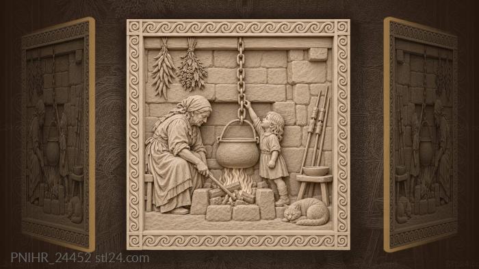 Fireside warmth old woman child cat 3d STL model
