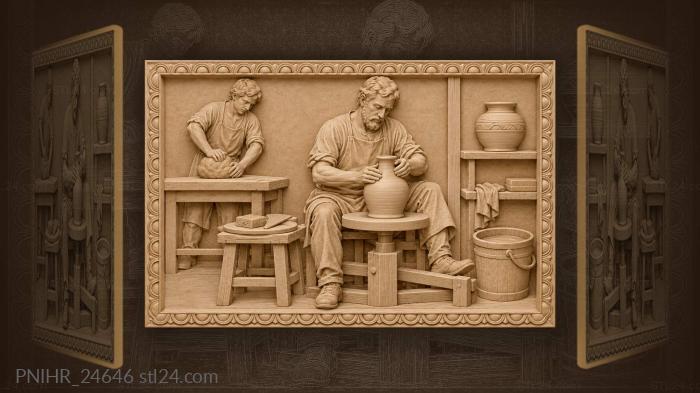 Apprentice wedging clay behind the working potter 3d STL model