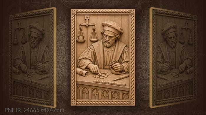 Merchant counts silver beside balance 3d STL model