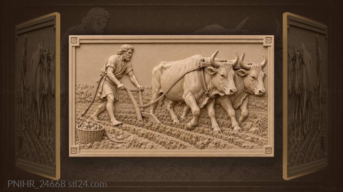 Ploughman with oxen in field 3d STL model