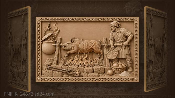 Cook roasting boar over fire 3d STL model